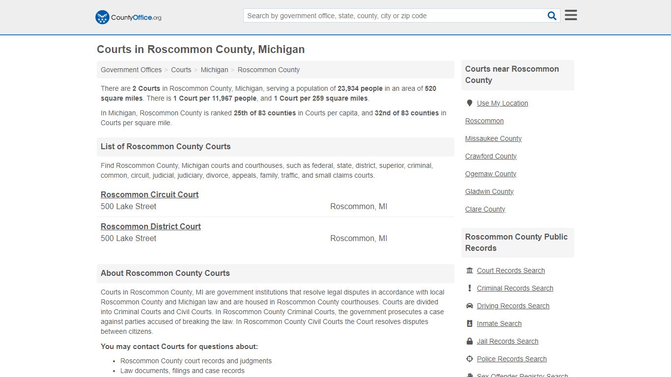 Courts - Roscommon County, MI (Court Records & Calendars)